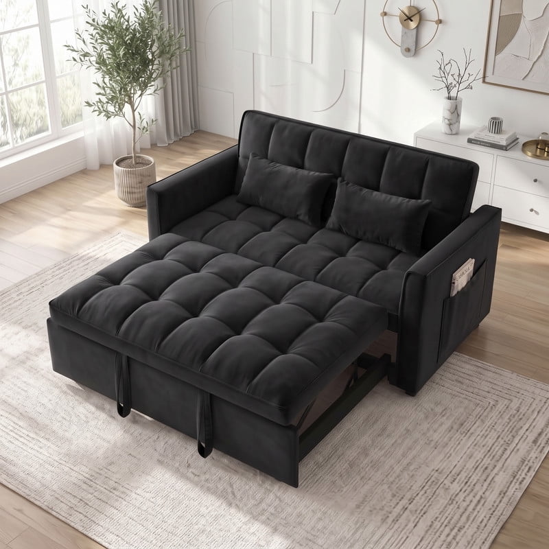 Gewnee 55" Sofa Bed, Convertible Sleeper Sofa & Pull Out Couch, 3-in-1 Velvet Loveseat with Adjustable Backrest and Storage Pocket, Black