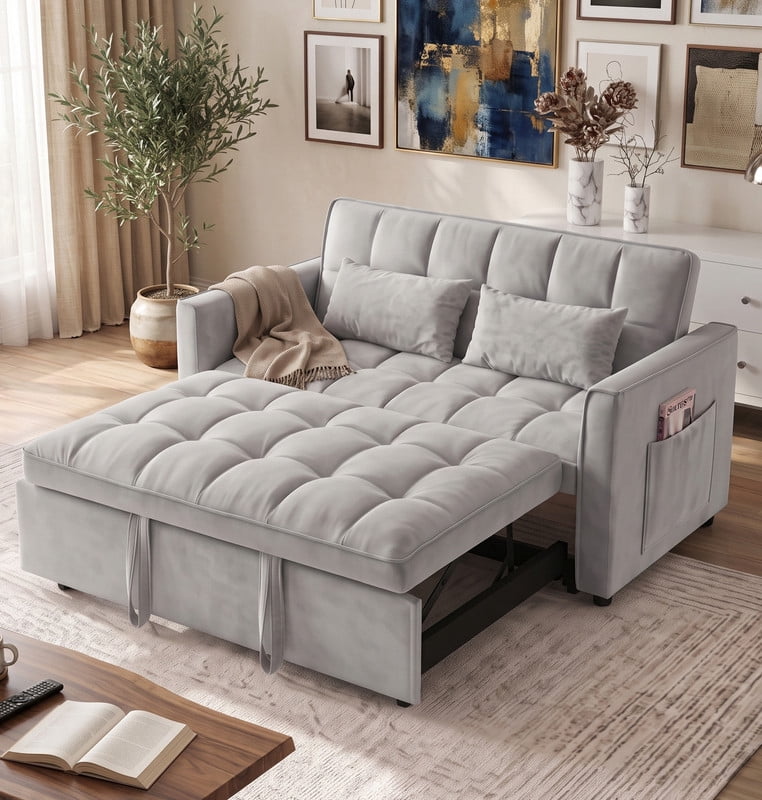 Gewnee 53" Sofa Bed, Convertible Sleeper Sofa & Pull Out Couch, 3-in-1 Velvet Loveseat with Adjustable Backrest and Storage Pocket, light gray