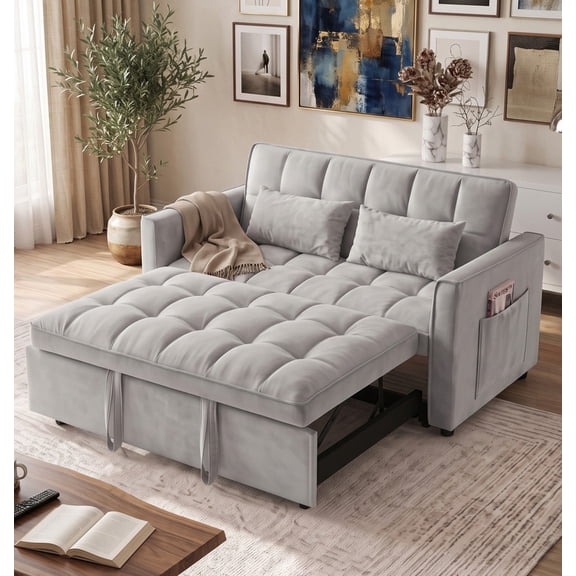 Gewnee 53" Sofa Bed, Convertible Sleeper Sofa & Pull Out Couch, 3-in-1 Velvet Loveseat with Adjustable Backrest and Storage Pocket, light gray