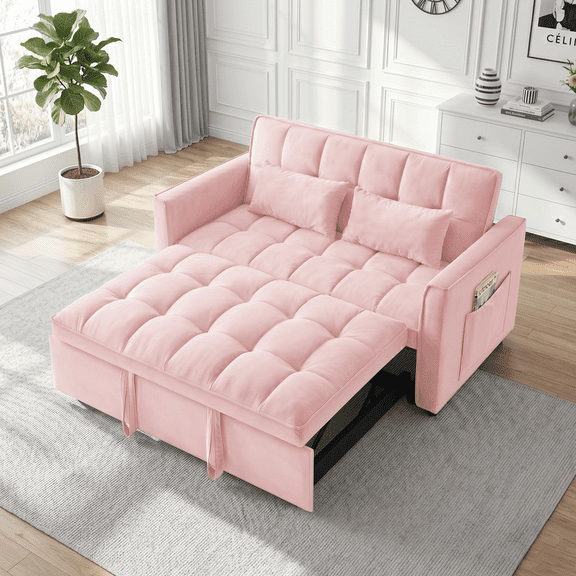 Gewnee 55" Sofa Bed, Convertible Sleeper Sofa & Pull Out Couch, 3-in-1 Velvet Loveseat with Adjustable Backrest and Storage Pocket, Pink