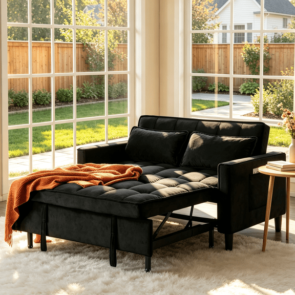 Gewnee 54.13”Convertible Sofa Bed,3-in-1 Sleeper Sofa with Pull Out Bed,Futon Couch Loveseat with Side Pocket and Pillows for Living Room and Apartment,Black