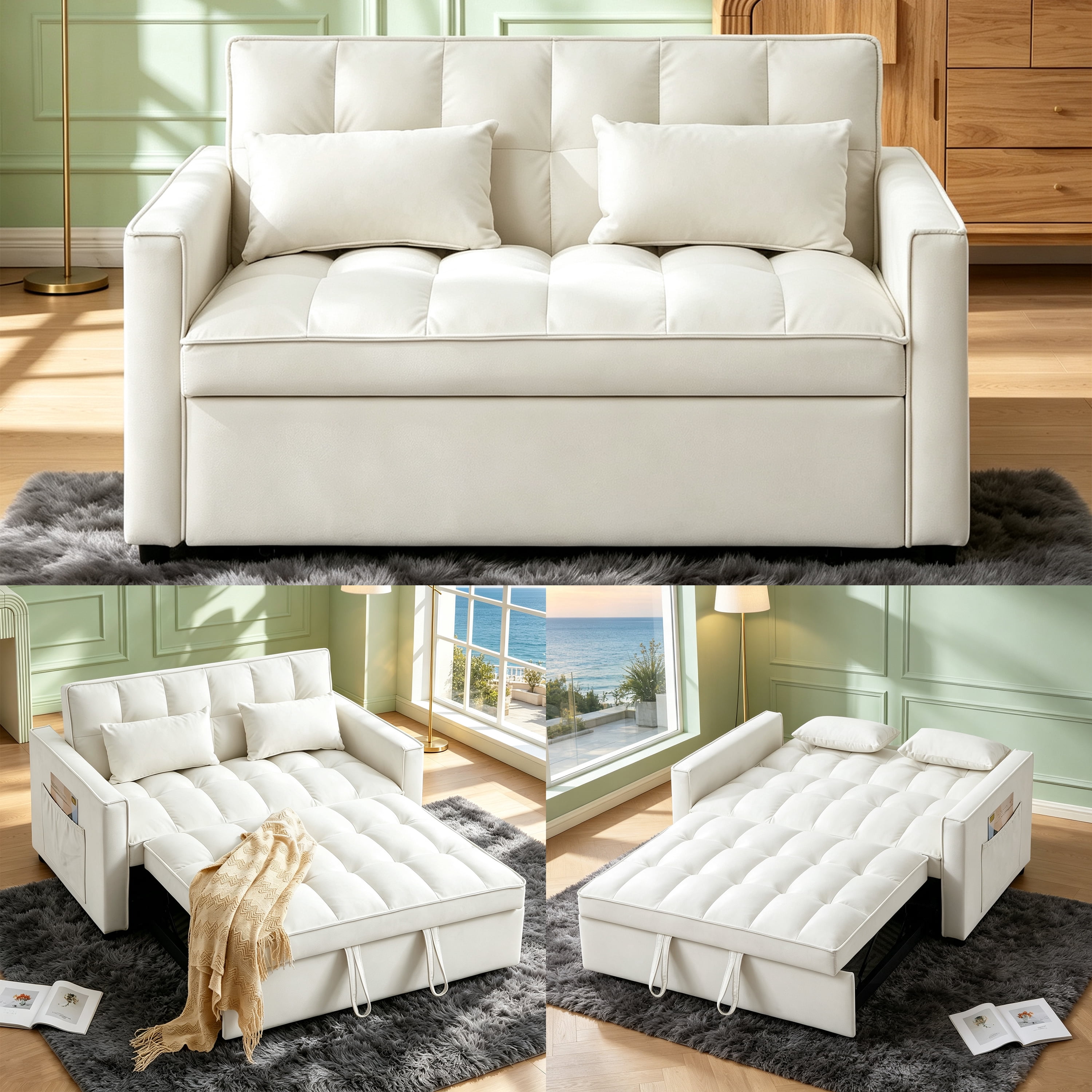 Gewnee 54" 3 in 1 Convertible Sleeper Sofa Bed,Velvet Pull Out Couch with Adjustable Backrest,Loveseat with Pillows & Pockets for Living Room,Apartment,Beige