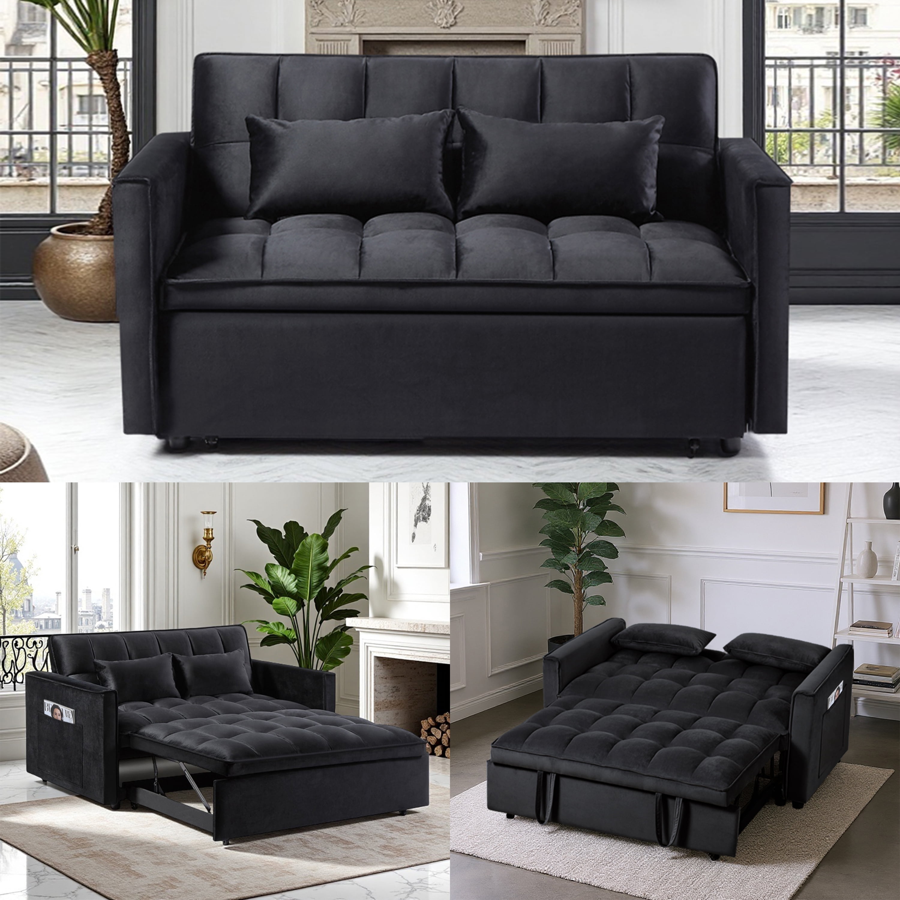 Gewnee 54" 3 in 1 Convertible Sleeper Sofa Bed,Velvet Pull Out Couch with Adjustable Backrest,Loveseat with Pillows & Pockets for Living Room,Apartment,Black