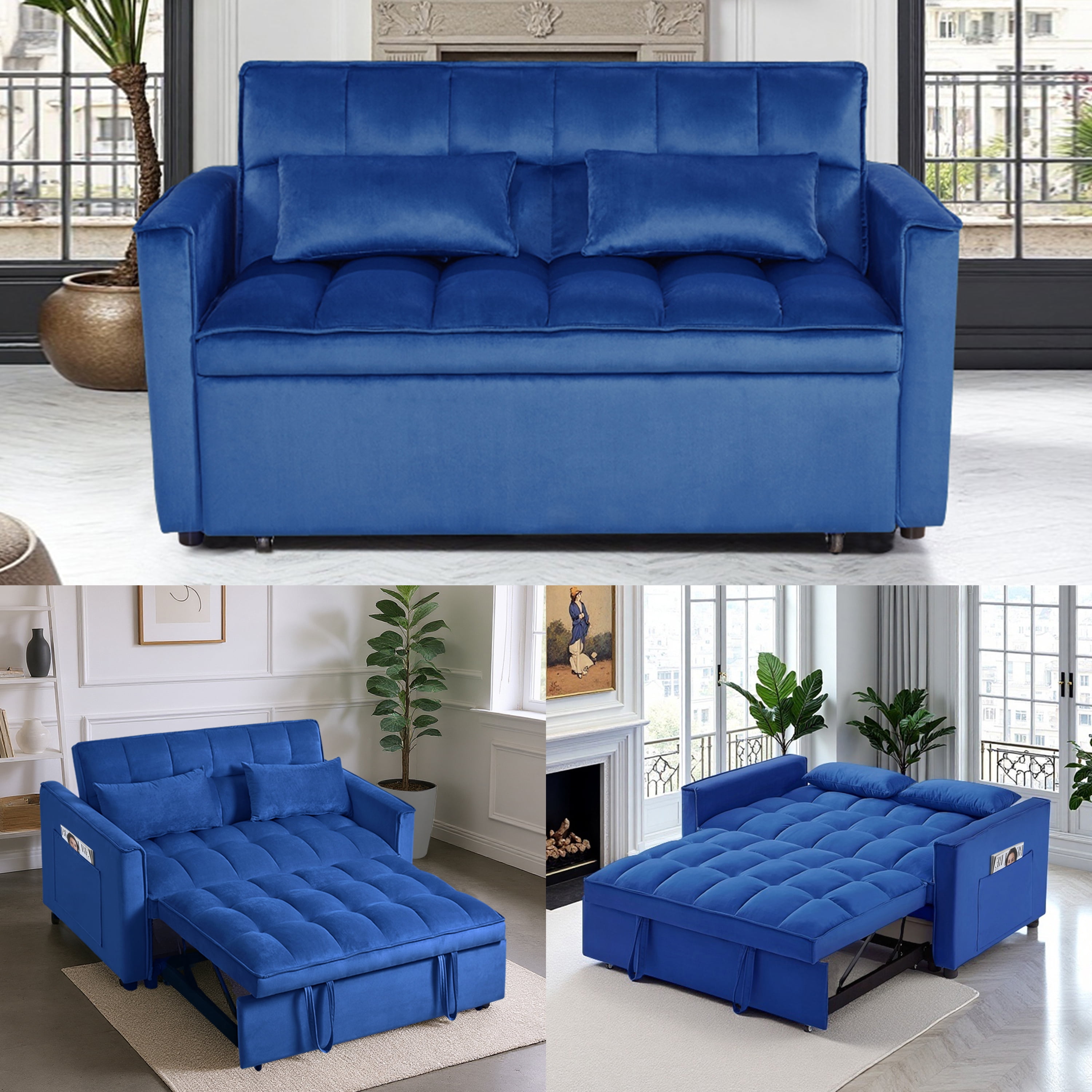 Gewnee 54" 3 in 1 Convertible Sleeper Sofa Bed,Velvet Pull Out Couch with Adjustable Backrest,Loveseat with Pillows & Pockets for Living Room,Apartment,Blue
