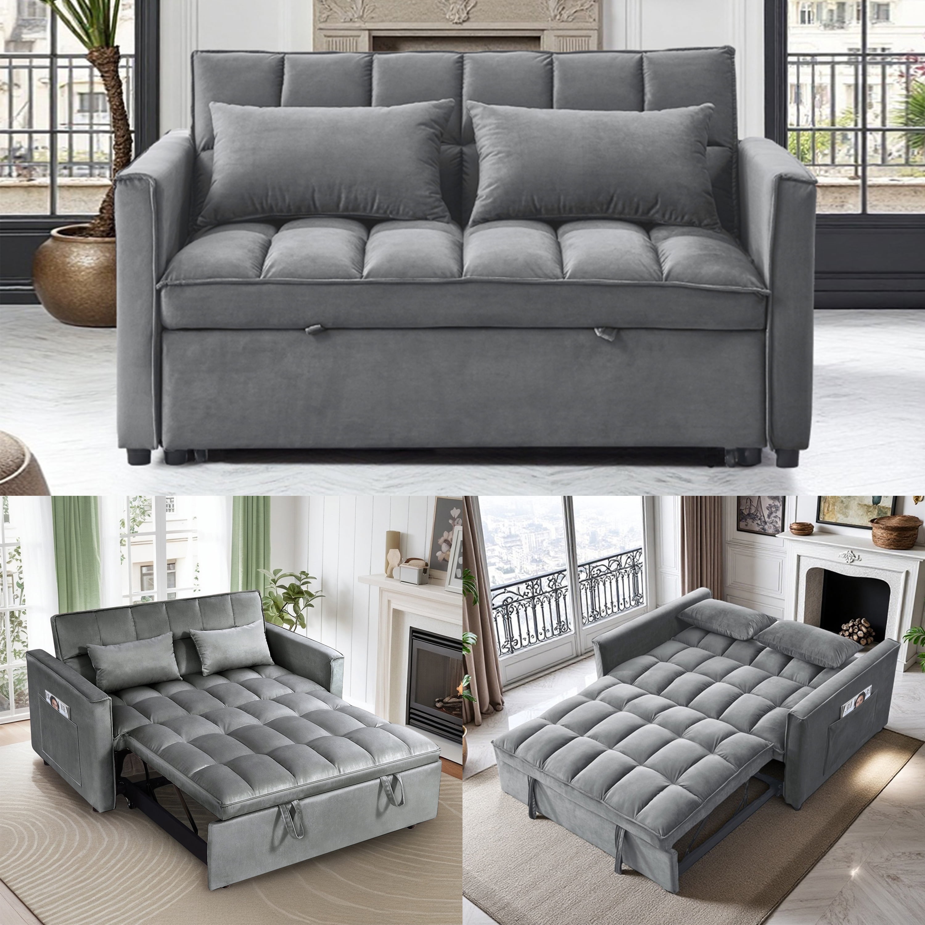 Gewnee 54" 3 in 1 Convertible Sleeper Sofa Bed,Velvet Pull Out Couch with Adjustable Backrest,Loveseat with Pillows & Pockets for Living Room,Apartment,Dark Grey