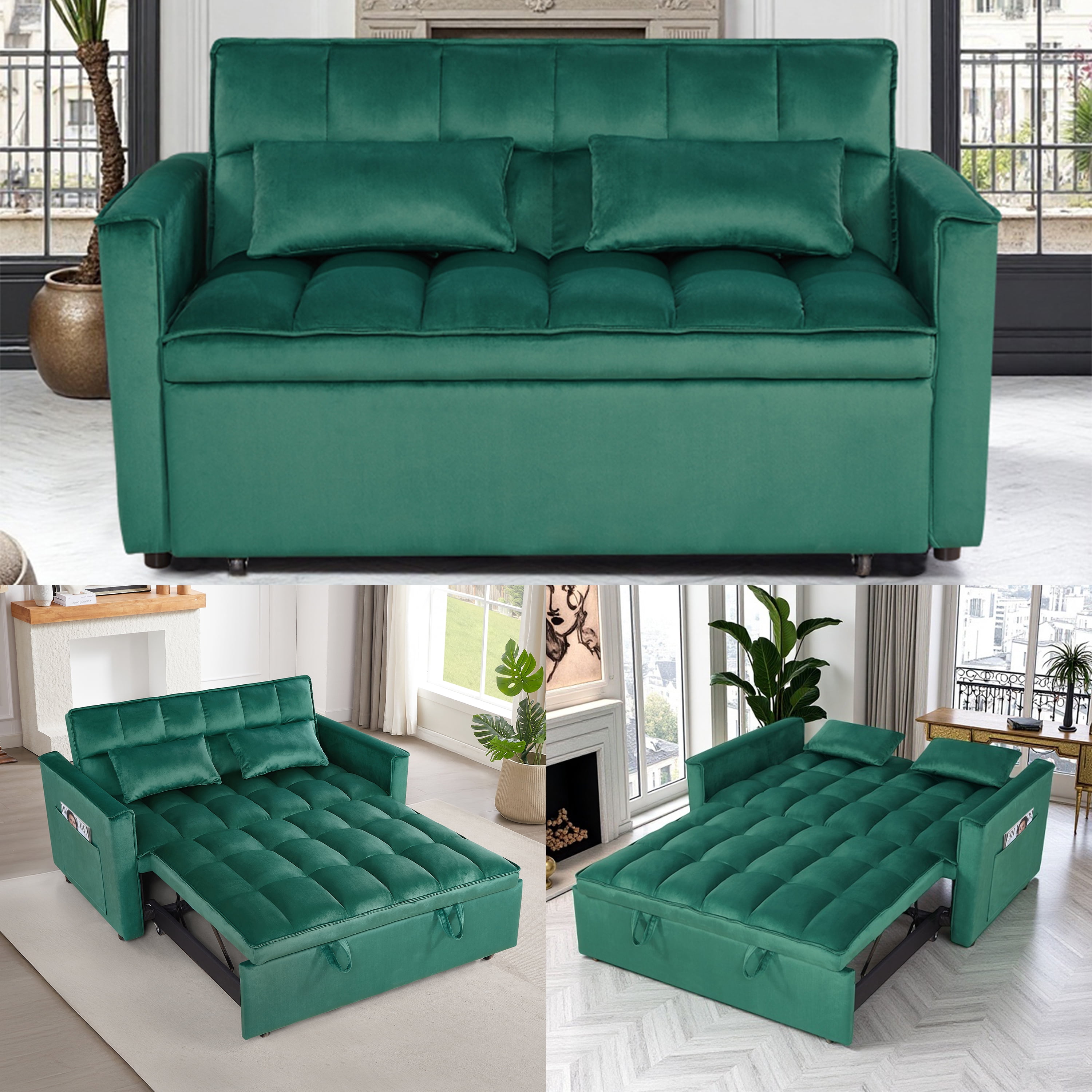Gewnee 54" 3 in 1 Convertible Sleeper Sofa Bed,Velvet Pull Out Couch with Adjustable Backrest,Loveseat with Pillows & Pockets for Living Room,Apartment,Green