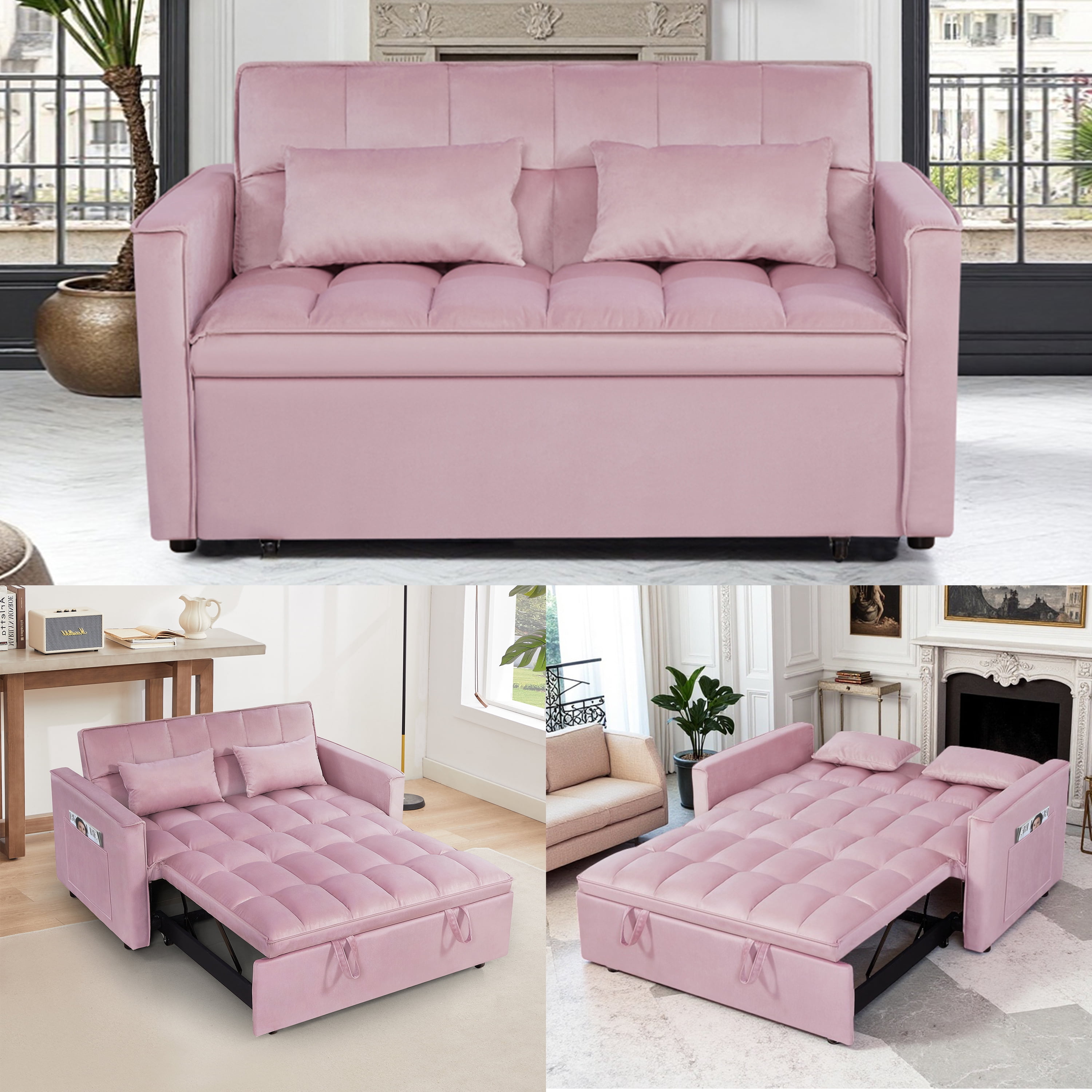 Gewnee 54" 3 in 1 Convertible Sleeper Sofa Bed,Velvet Pull Out Couch with Adjustable Backrest,Loveseat with Pillows & Pockets for Living Room,Apartment,Pink
