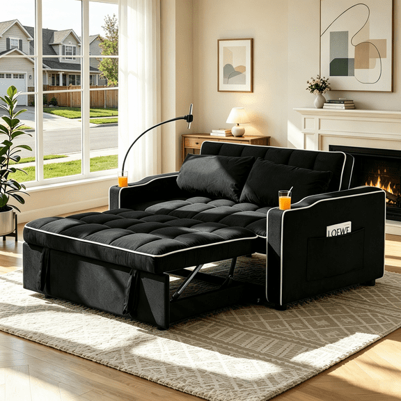 Gewnee 54.92”Convertible Sleeper Sofa Bed,Pull Out Couch with Side Pocket,USB Port,Phone Holder & Cup Holders,Loveseat for Living Room,Office.Black
