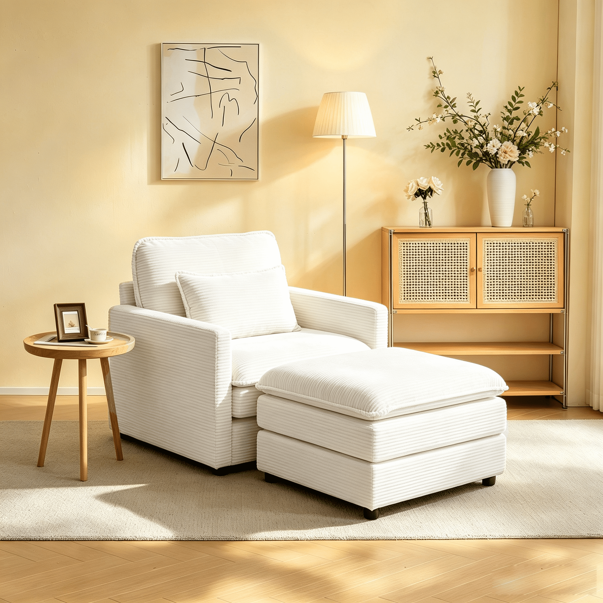 Gewnee 54"Cloud Sofa,Deep Seat Modular Single Sofa with Pillow and Ottoman,Comfy Corduroy Sofa Chair for Living Room,Bedroom,Apartment.Beige