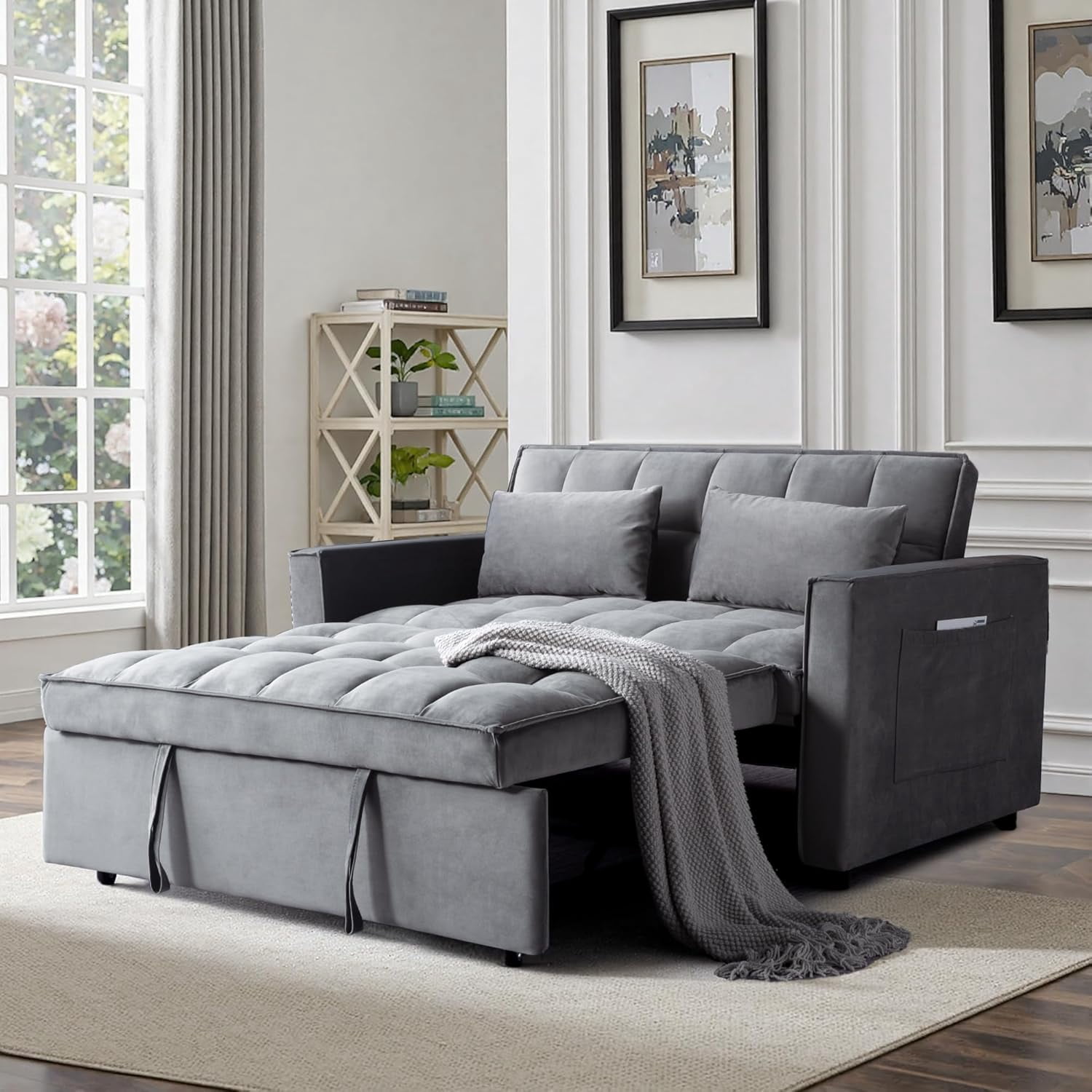 Gewnee 55'' Modern Convertible Velvet Sofa Bed with Pull-Out Twin Bed, Adjustable Backrest for Living Room, Office (Dark Gray)
