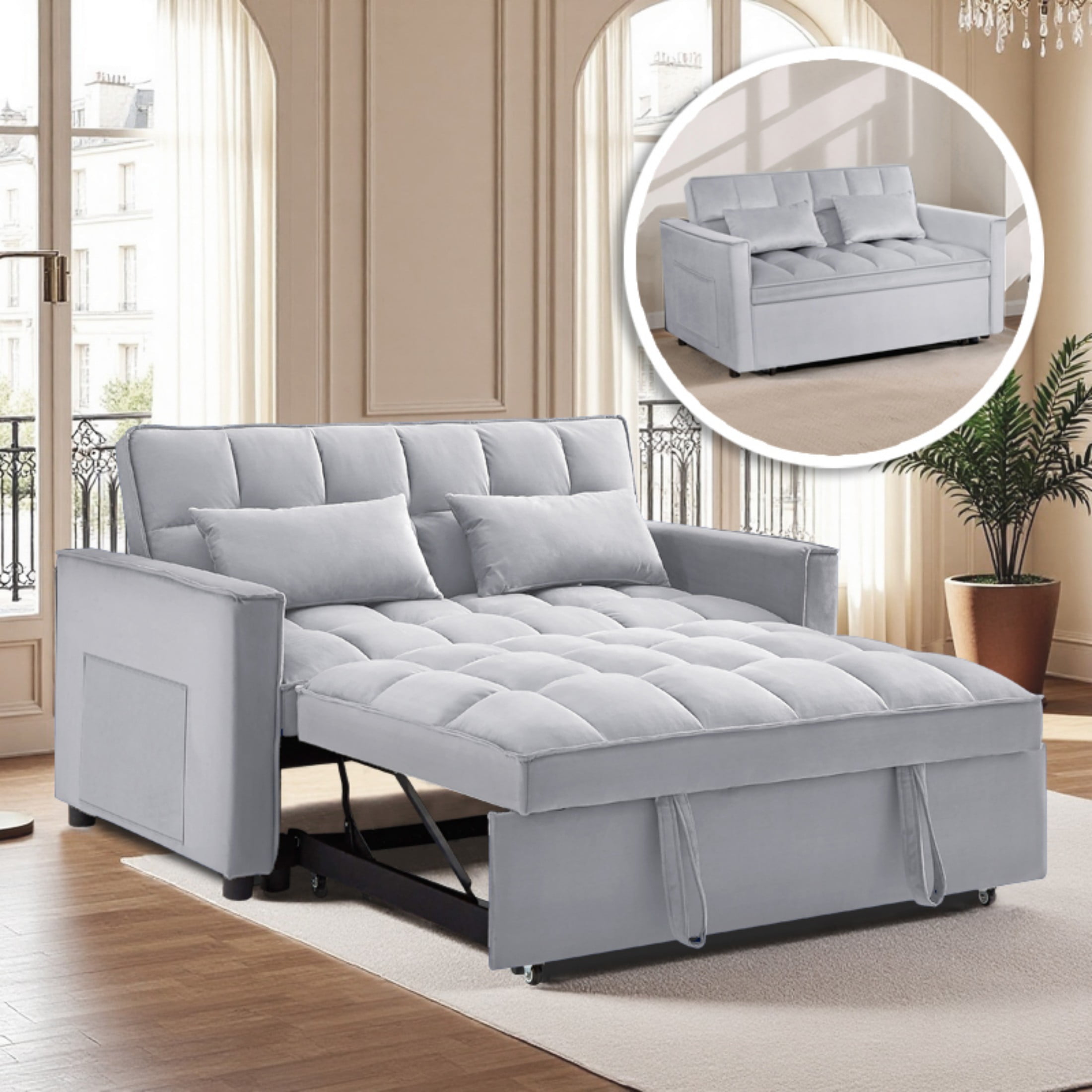 Gewnee 54" Modern Convertible Velvet Futon Sofa Bed with Pull-Out Bed ...