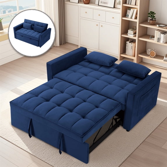 Gewnee 55'' Modern Convertible Velvet Sofa Bed with Pull-Out Twin Bed, Adjustable Backrest for Living Room, Office (Blue)