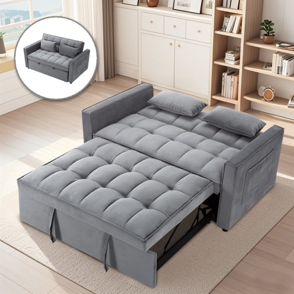 Gewnee 55'' Modern Convertible Velvet Sofa Bed with Pull-Out Twin Bed, Adjustable Backrest for Living Room, Office (Dark Gray)