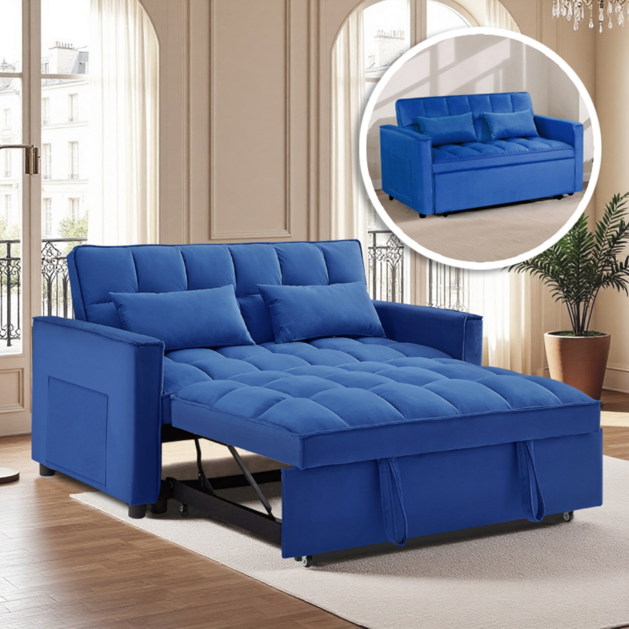 Gewnee 54" Modern Convertible Velvet Futon Sofa Bed with Pull-Out Sleeper and Adjustable Backrest, Loveseat Couch for Living Room or Office (Blue)