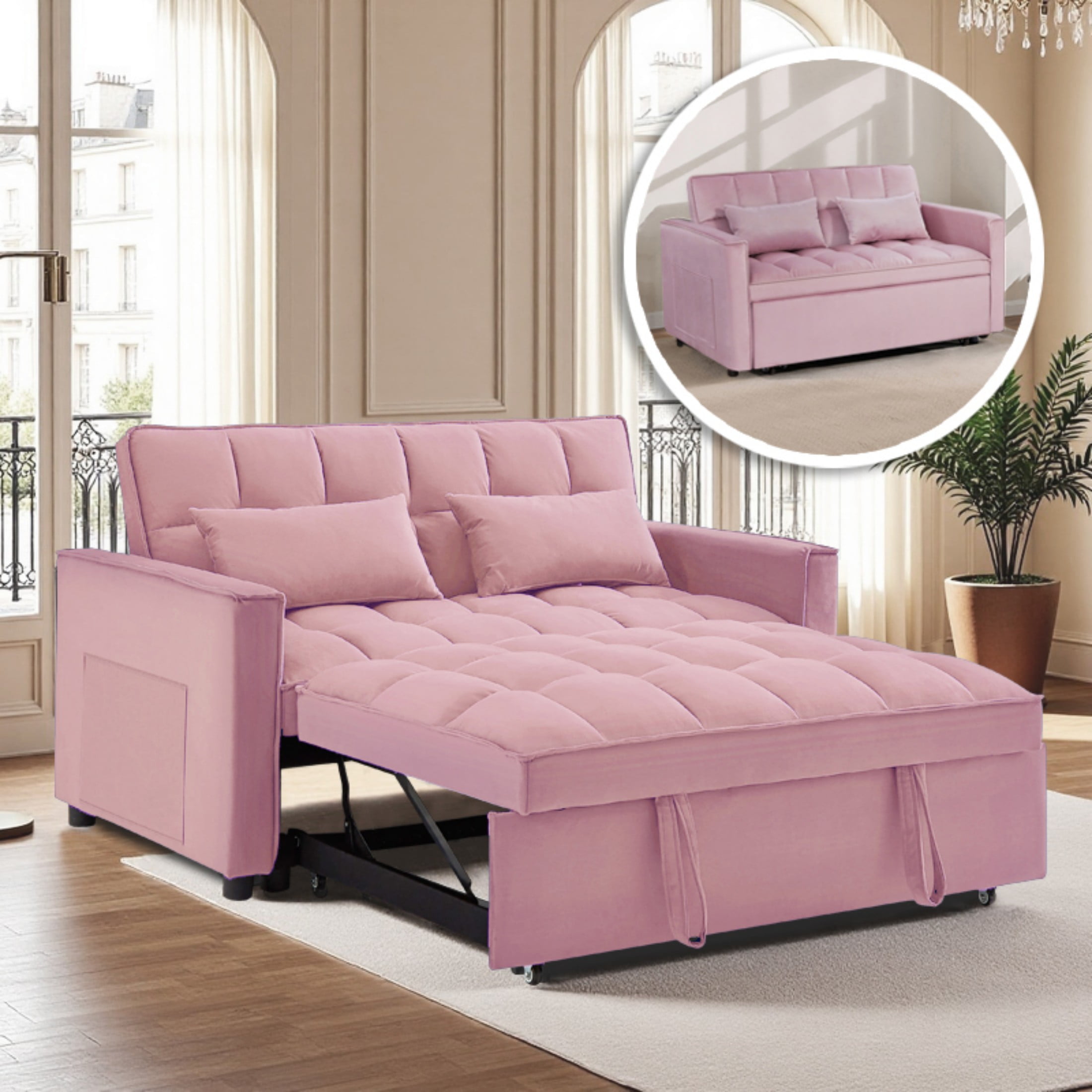 Gewnee 54" Modern Convertible Velvet Futon Sofa Bed with Pull-Out Sleeper and Adjustable Backrest, Loveseat Couch for Living Room or Office (Pink)