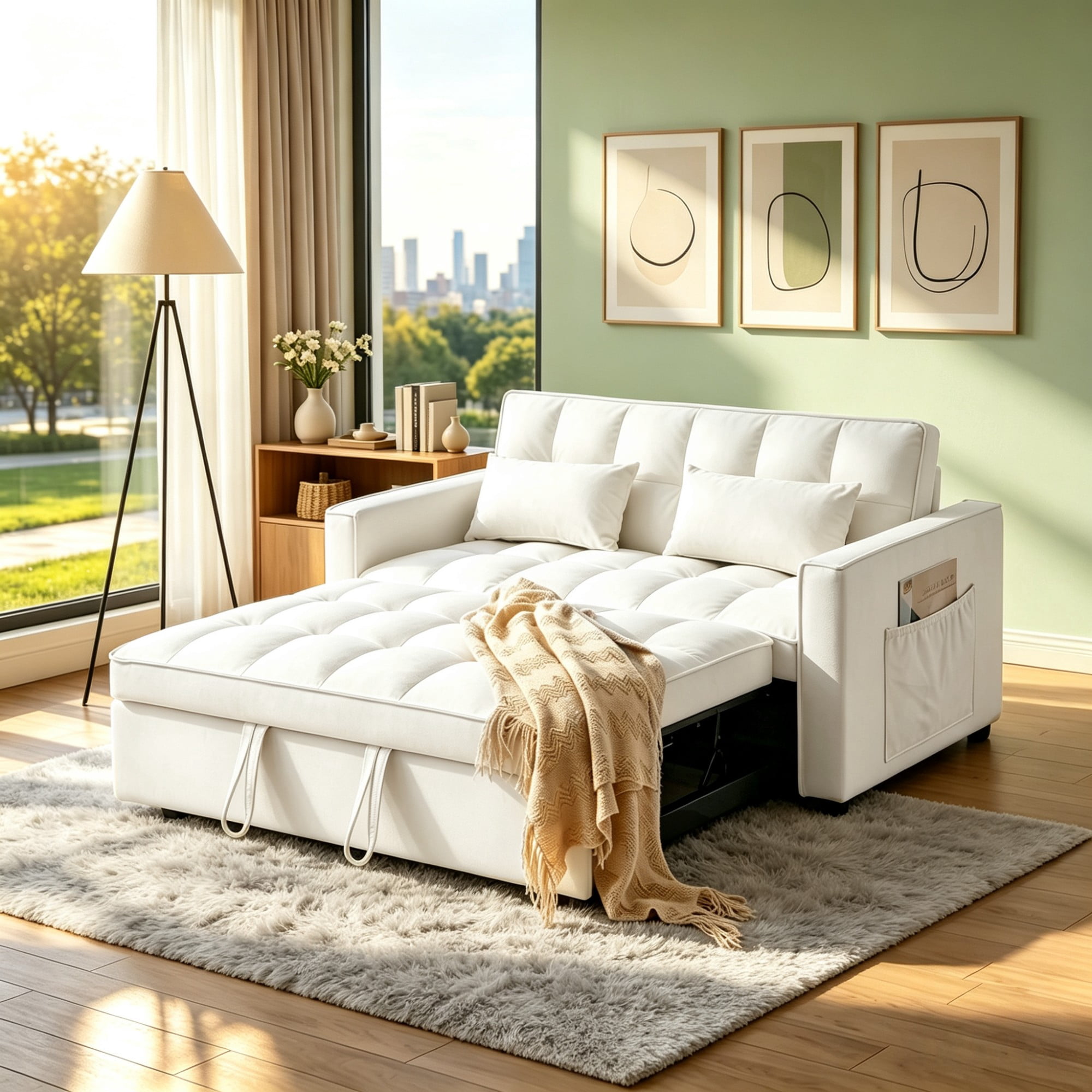 Gewnee 54"Sleeper Sofa Bed,Convertible Pull Out Couch with Adjustable Backrest and Side Pockets,Velvet Futon Loveseat Sofa Bed with 2 Pillows for Living Room,Apartment.Beige