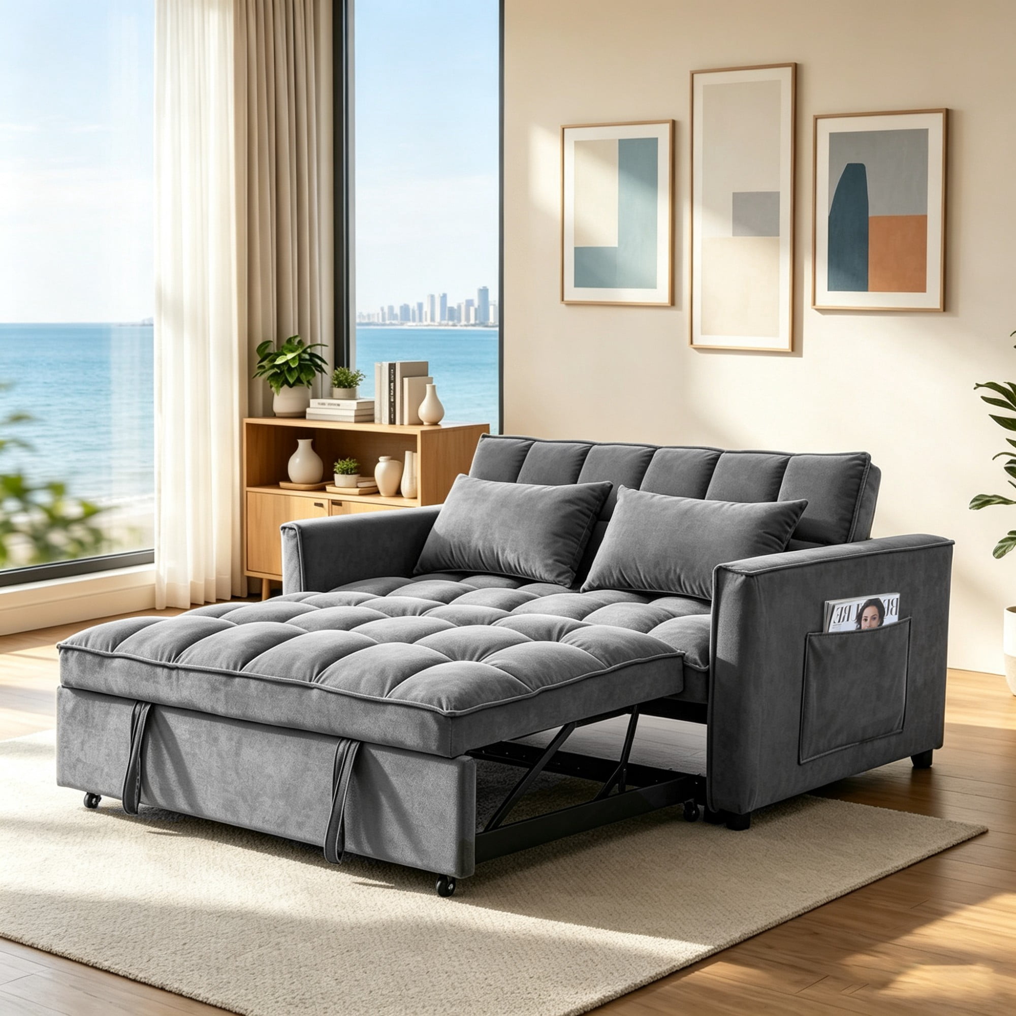 Gewnee 54"Sleeper Sofa Bed,Convertible Pull Out Couch with Adjustable Backrest and Side Pockets,Velvet Futon Loveseat Sofa Bed with 2 Pillows for Living Room,Apartment.Dark Grey