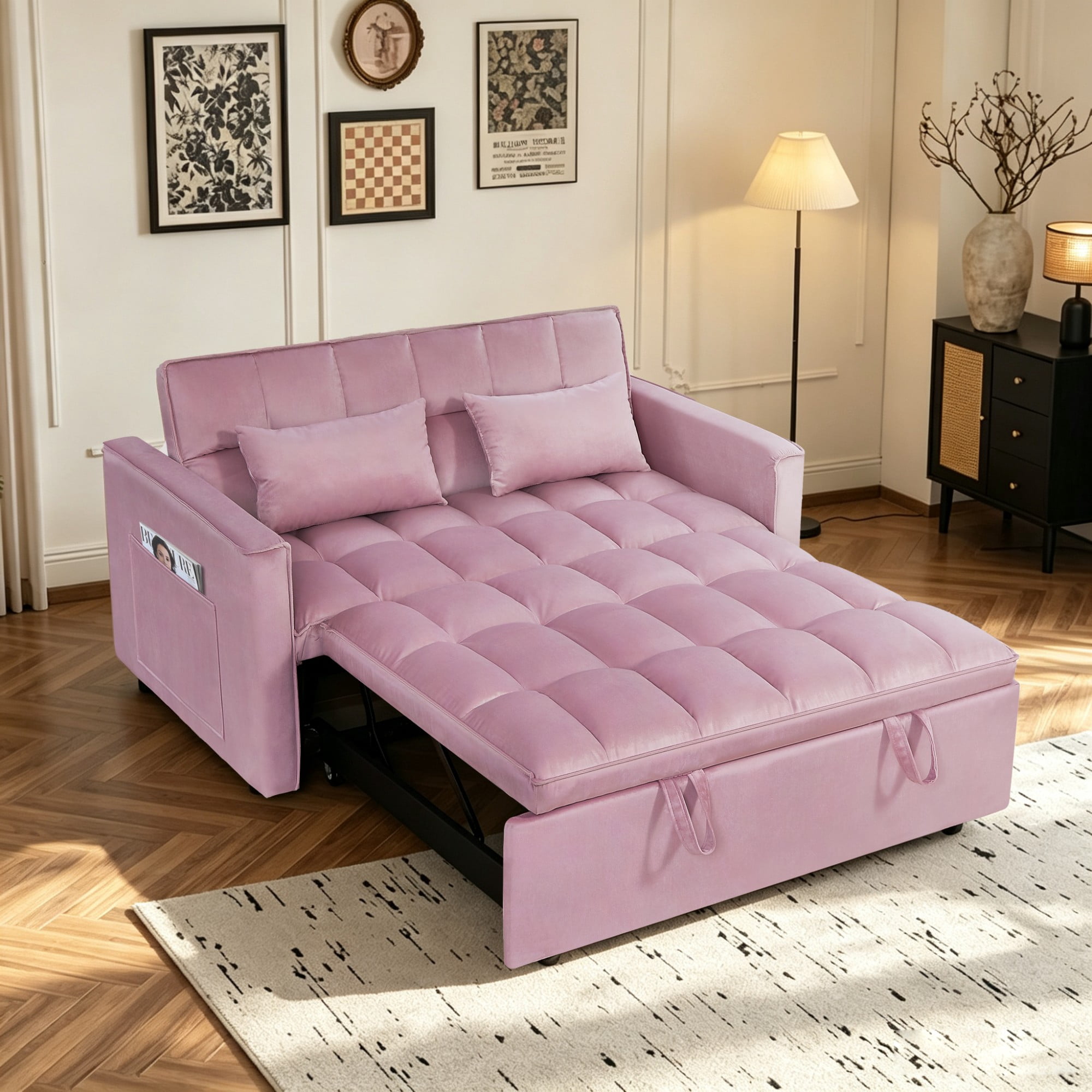 Gewnee 54"Sleeper Sofa Bed,Convertible Pull Out Couch with Adjustable Backrest and Side Pockets,Velvet Futon Loveseat Sofa Bed with 2 Pillows for Living Room,Apartment.Pink