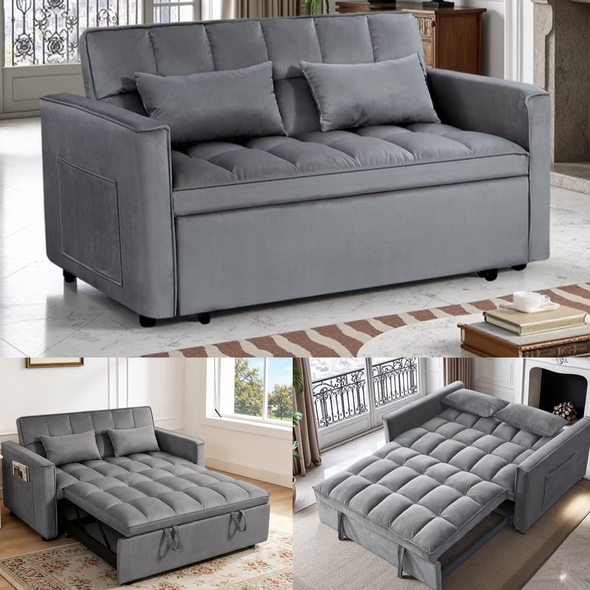 Gewnee 54" Velvet Pull Out Sleeper Loveseat Sofa Bed Couch with Adjustable Back for Home Office, Dark Grey