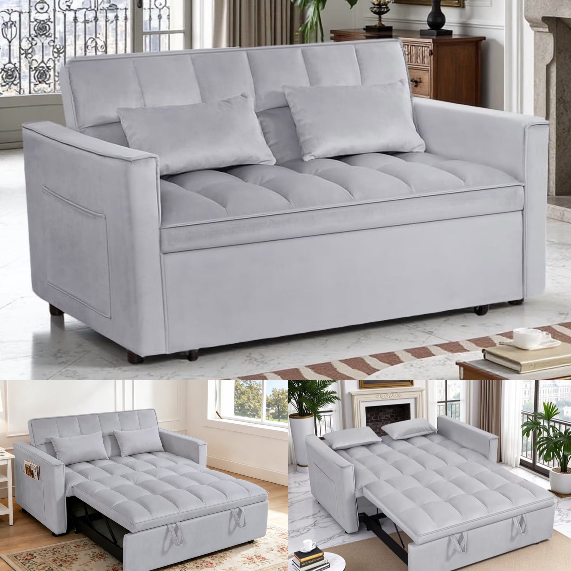 Gewnee 54" Velvet Pull Out Sleeper Loveseat Sofa Bed Couch with Adjustable Back for Home Office, Light Grey
