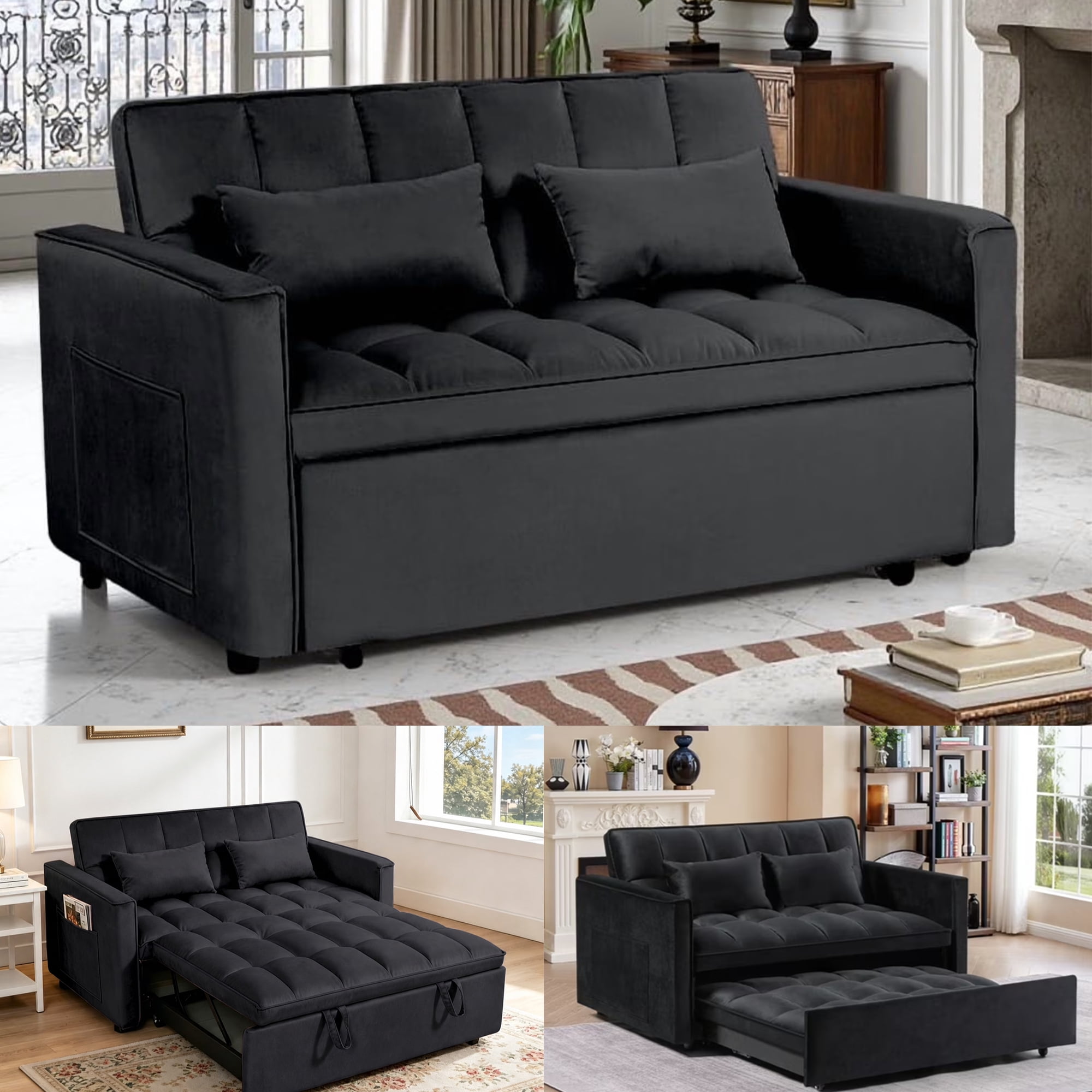 Gewnee 3-in-1 Convertible Sofa Bed, Pull-Out Loveseat Couch with Adjustable Back for Home Office Guest Room, 54", Black