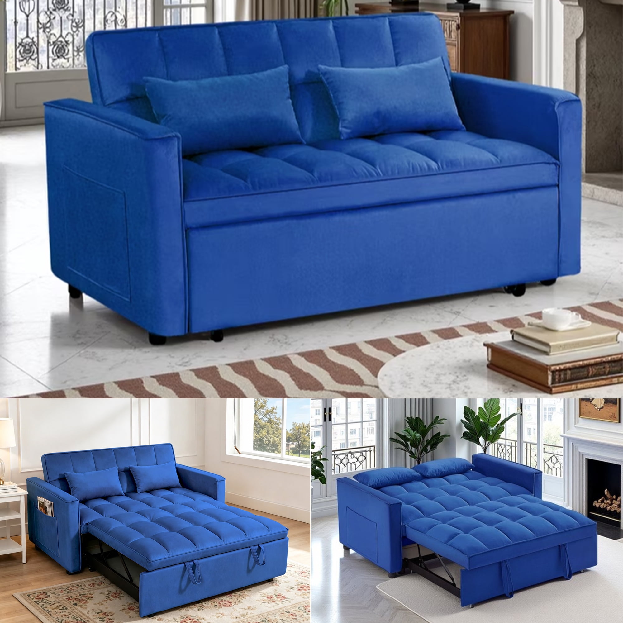Gewnee 54" Velvet Pull Out Sleeper Loveseat Sofa Bed Couch with Adjustable Back for Home Office, Blue