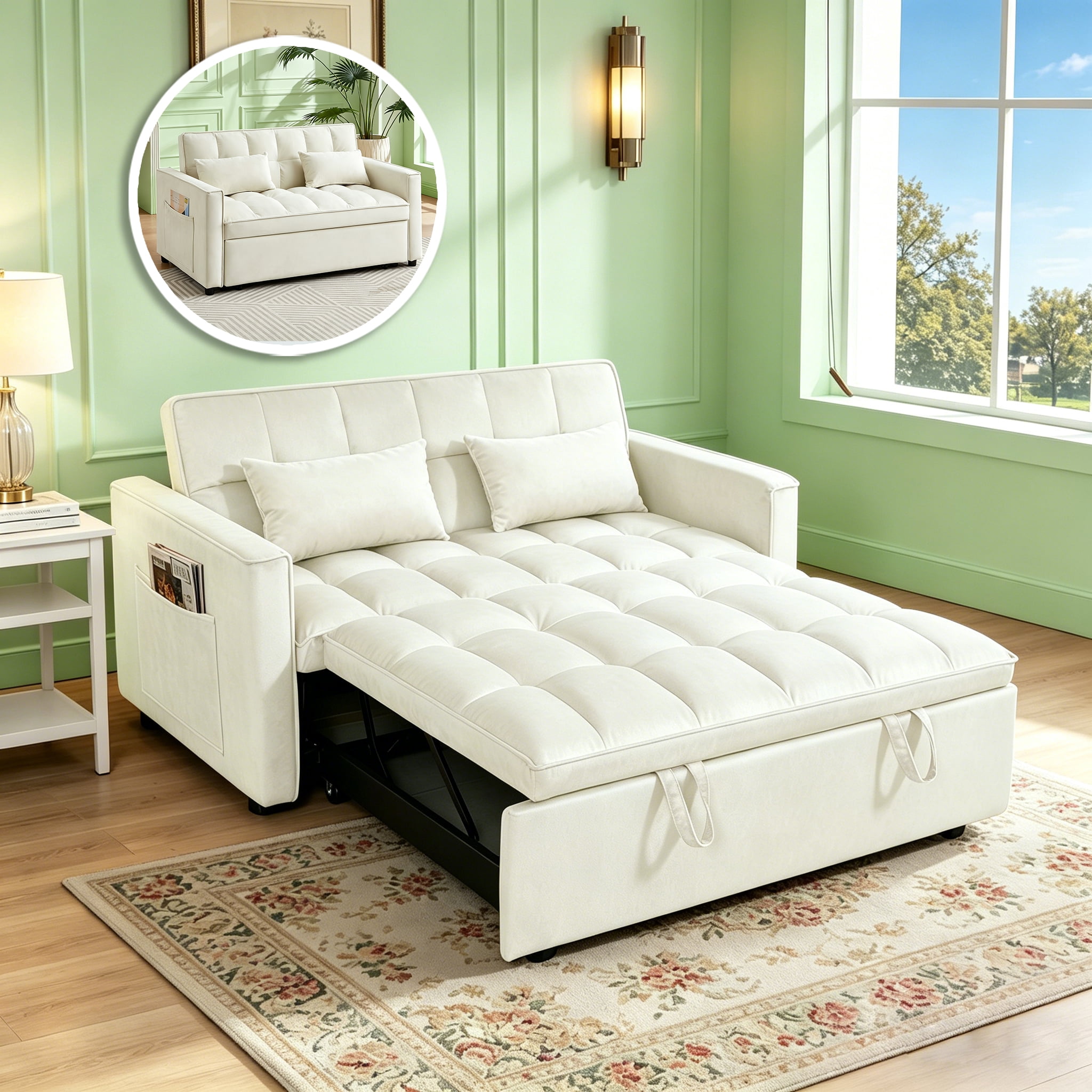 Gewnee 54" Velvet Upholstered Pull Out Sleeper Loveseat for Home,Office,Guest Room.Beige