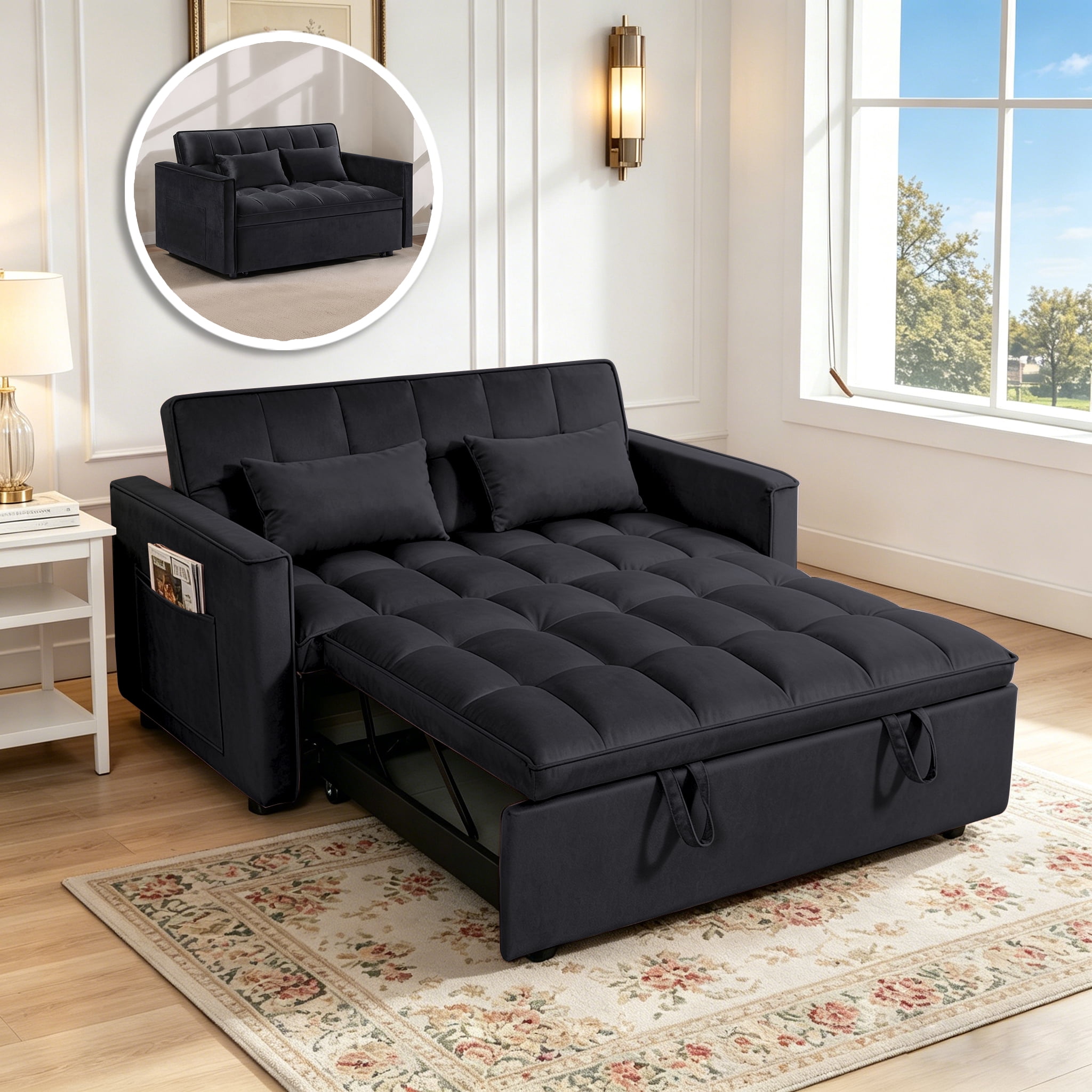 Gewnee 54" Velvet Upholstered Pull Out Sleeper Loveseat for Home,Office,Guest Room.Black
