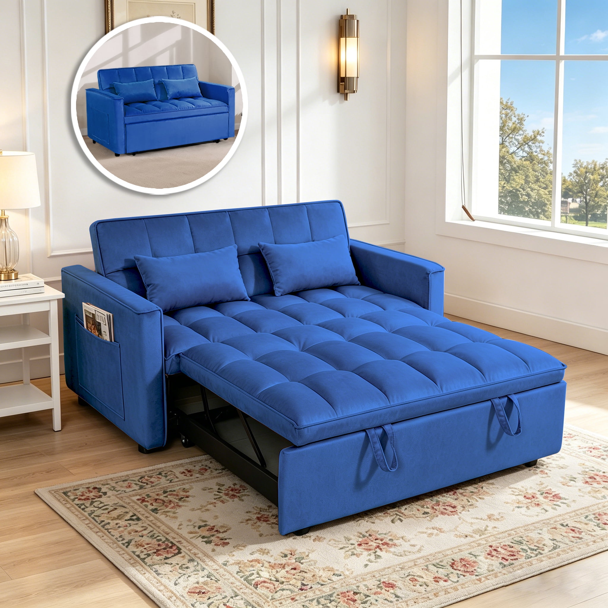 Gewnee 54" Velvet Upholstered Pull Out Sleeper Loveseat for Home,Office,Guest Room.Blue