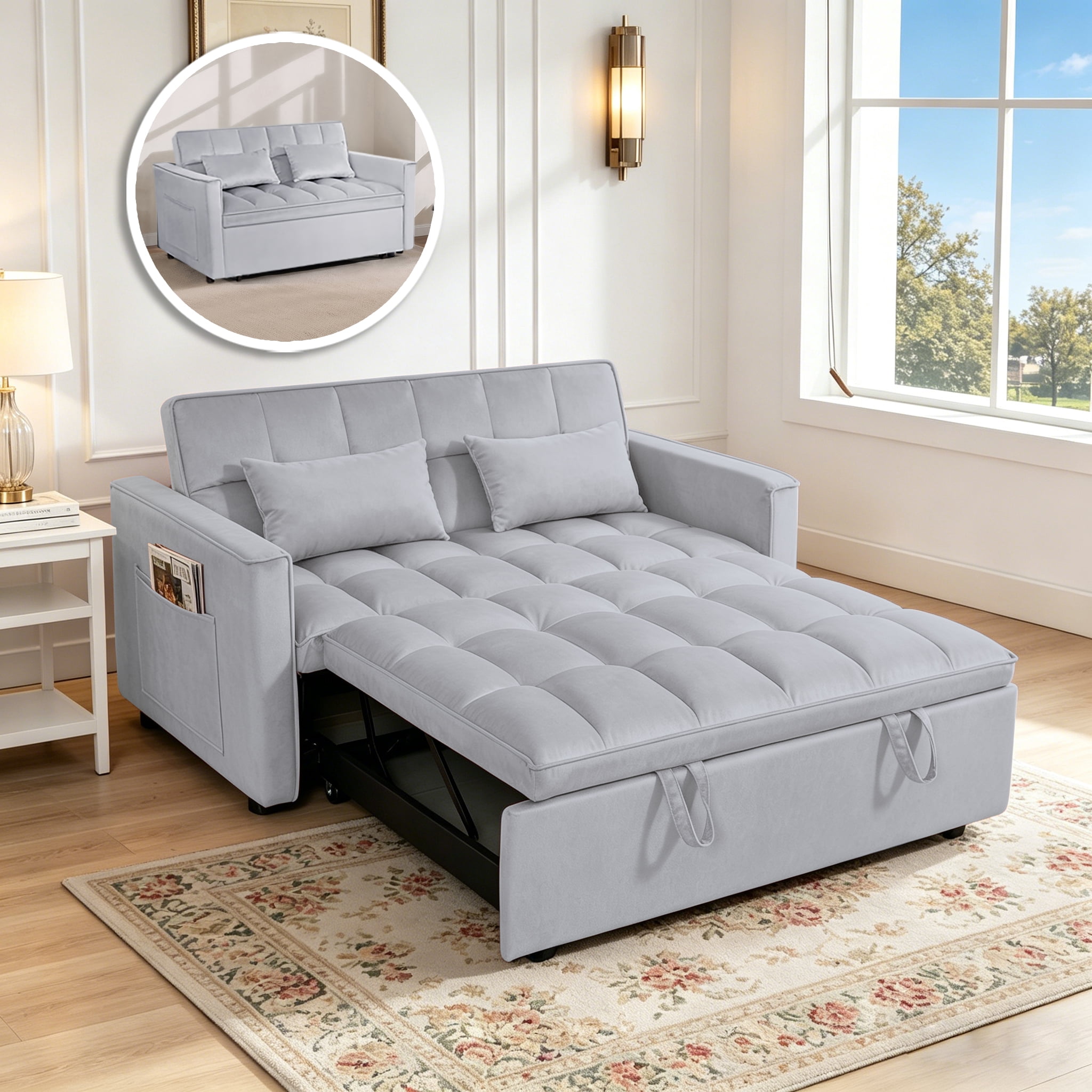 Gewnee 54" Velvet Upholstered Pull Out Sleeper Loveseat for Home,Office,Guest Room.Silver Grey