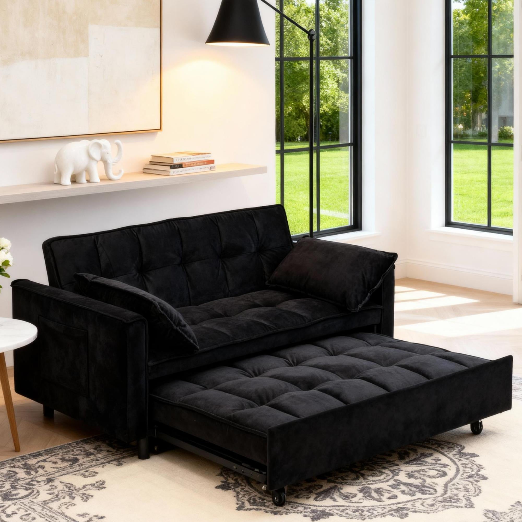 Gewnee 55''3 in 1 Convertible Modern Pull Out Couch Bed,Adjustable Backrest,Velvet Loveseat Futon Sofa with Pillows & Pockets for Living Room,Apartment.(Black)