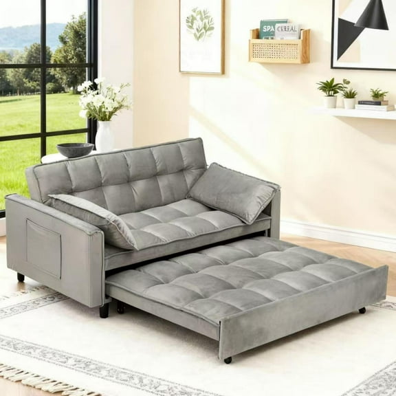 Gewnee 55''3 in 1 Convertible Modern Pull Out Couch Bed,Adjustable Backrest,Velvet Loveseat Futon Sofa with Pillows & Pockets for Living Room,Apartment.(Gray)