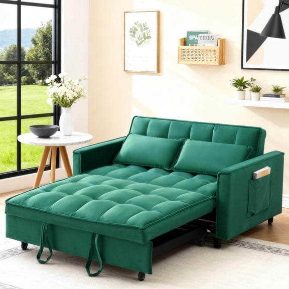 Gewnee 55''3 in 1 Convertible Modern Pull Out Couch Bed,Adjustable Backrest,Velvet Loveseat Futon Sofa with Pillows & Pockets for Living Room,Apartment.(Green)