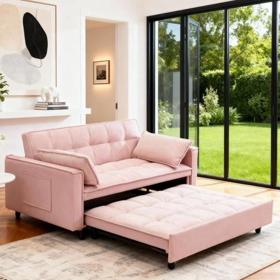 Gewnee 55''3 in 1 Convertible Modern Pull Out Couch Bed,Adjustable Backrest,Velvet Loveseat Futon Sofa with Pillows & Pockets for Living Room,Apartment.(Pink)