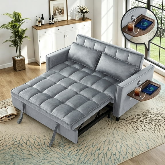 Gewnee 55.31”Pull-Out Couch Bed,Convertible Sofa Bed with Foldable Side Table & Reclining Back & USB/Type-C Ports,Velvet Loveseat Sleeper for Home or Small Spaces.Dark Grey