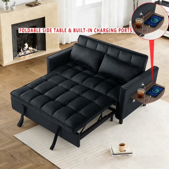 Gewnee 55.31''Pull Out Sleeper Sofa Bed,Twin Size Convertible Chair Bed with USB Ports & Side Table,3-Position Reclining Back,Velvet Upholstered Small Sofa for Living Room and Guest Room.Black