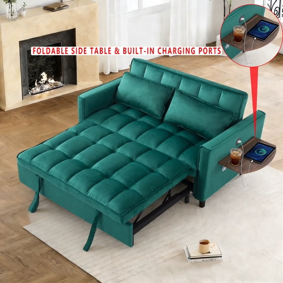 Gewnee 55.31''Pull Out Sleeper Sofa Bed,Twin Size Convertible Chair Bed with USB Ports & Side Table,3-Position Reclining Back,Velvet Upholstered Small Sofa for Living Room and Guest Room.Green