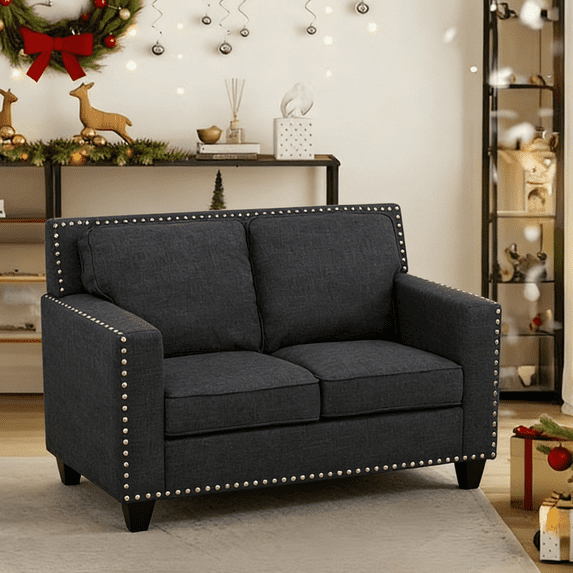 Gewnee 57" Linen Upholstered Loveseats with Nailhead Trim,Black