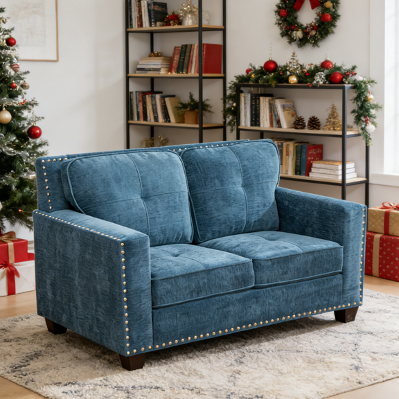 Gewnee 57" Linen Upholstered Loveseats with Nailhead Trim,Blue