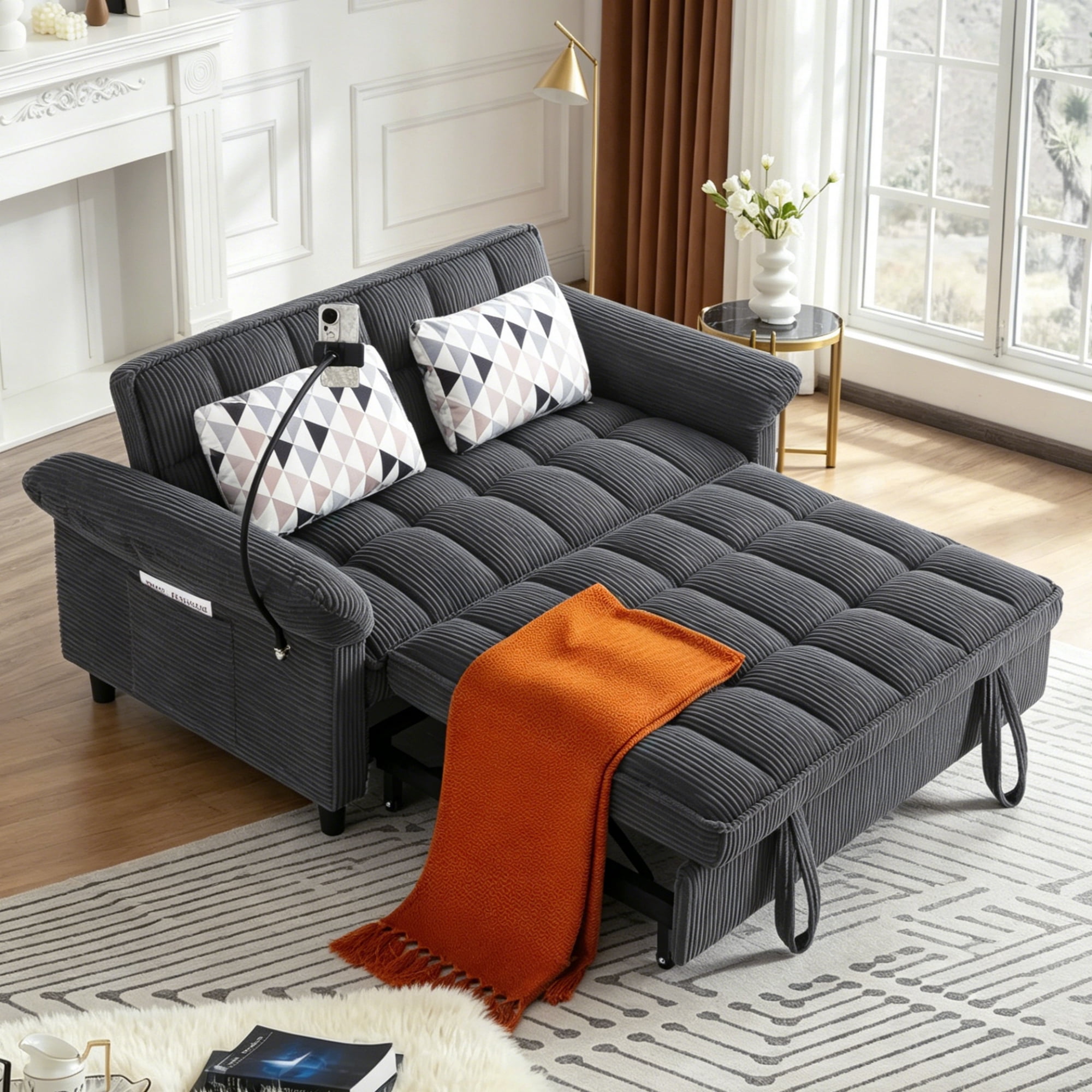Gewnee 58"3-in-1 Corduroy Convertible Sofa Bed – Pull-out Loveseat Couch with 3 Reclining Positions & Storage Side Pocket,Sleeper Sofa for Living Room,Guest Room.Dark Grey