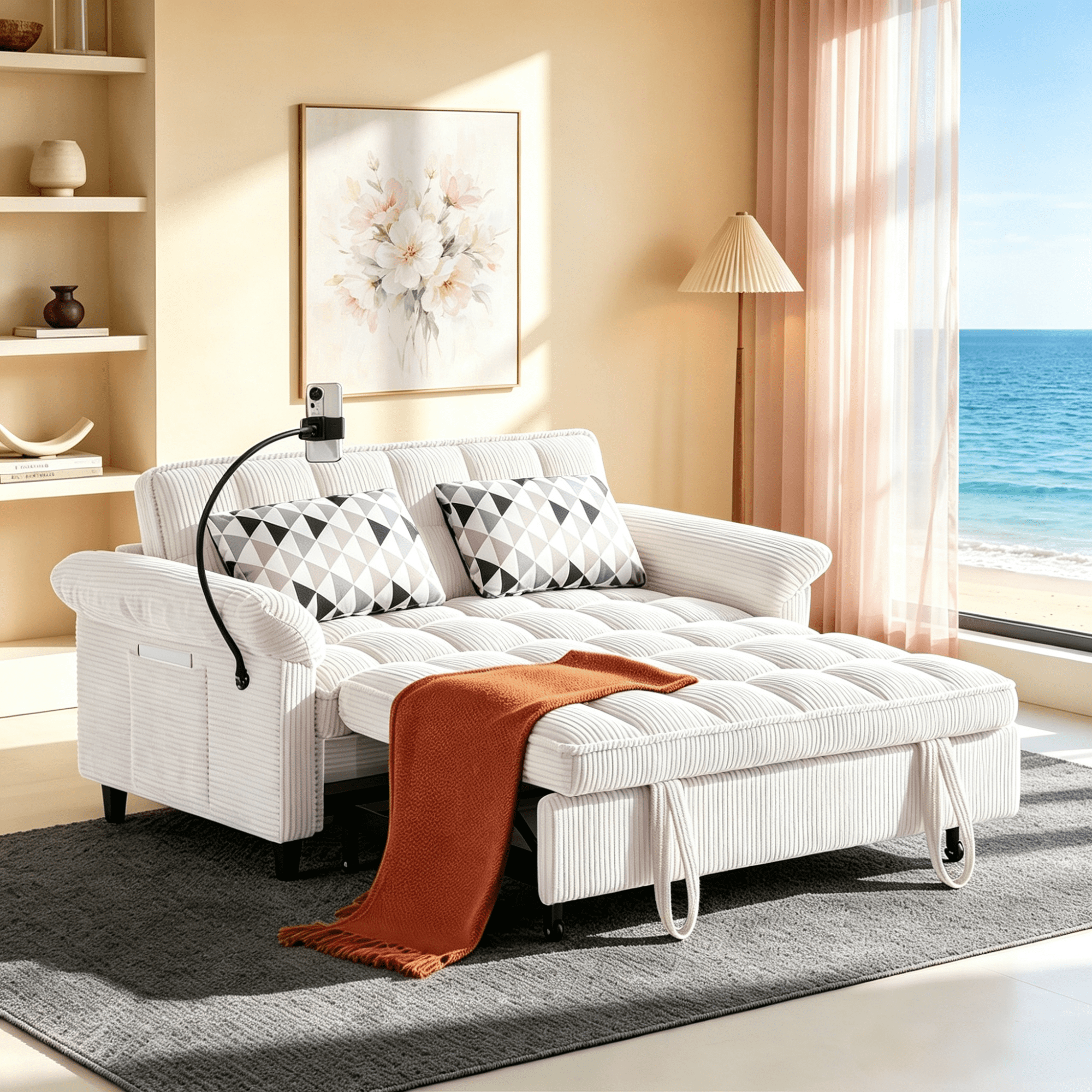 Gewnee 58" 3‑in‑1 Corduroy Convertible Sleeper Sofa Bed, Pull‑Out Loveseat with 3 Adjustable Reclining Positions & Side Storage Pocket, Multi‑Purpose Guest Sofa for Living Room, Guest Room, Beige