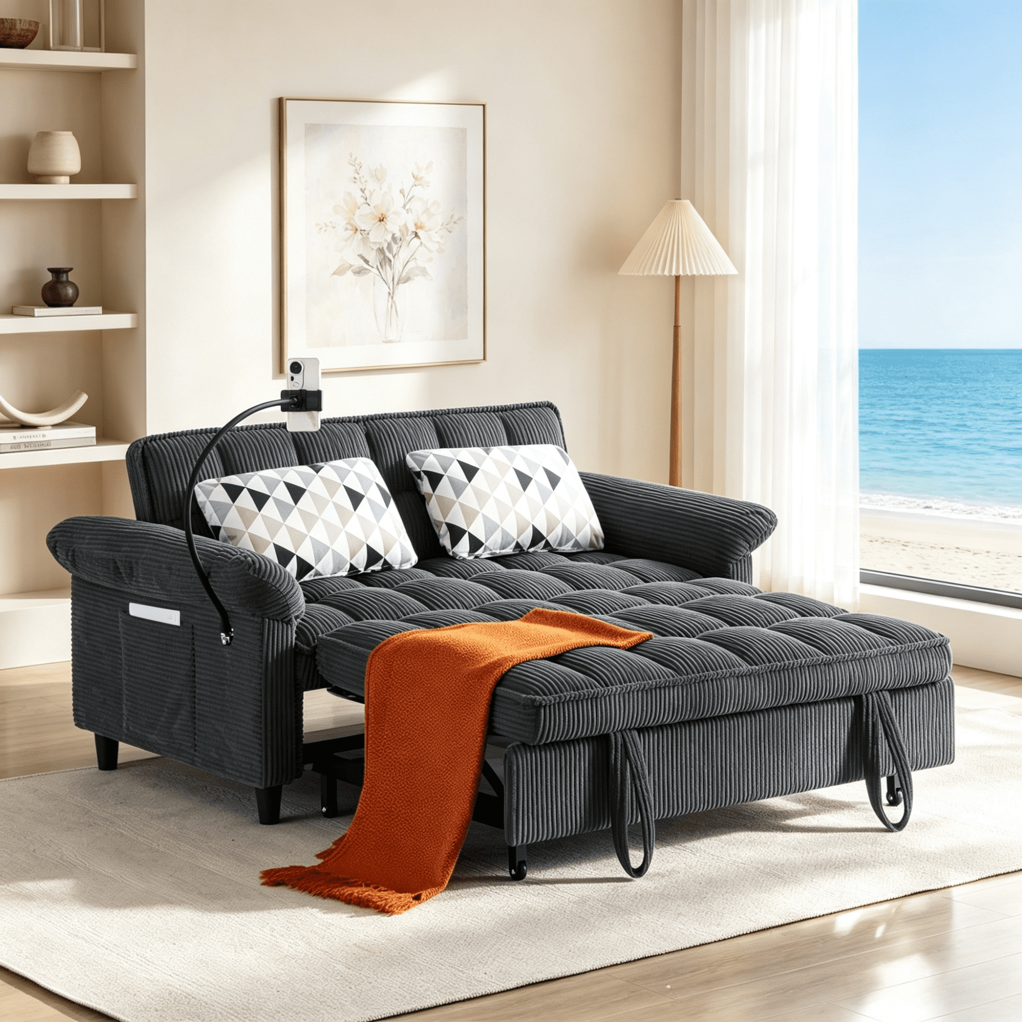Gewnee 58" 3‑in‑1 Corduroy Convertible Sleeper Sofa Bed, Pull‑Out Loveseat with 3 Adjustable Reclining Positions & Side Storage Pocket, Multi‑Purpose Guest Sofa for Living Room, Guest Room, Dark Grey