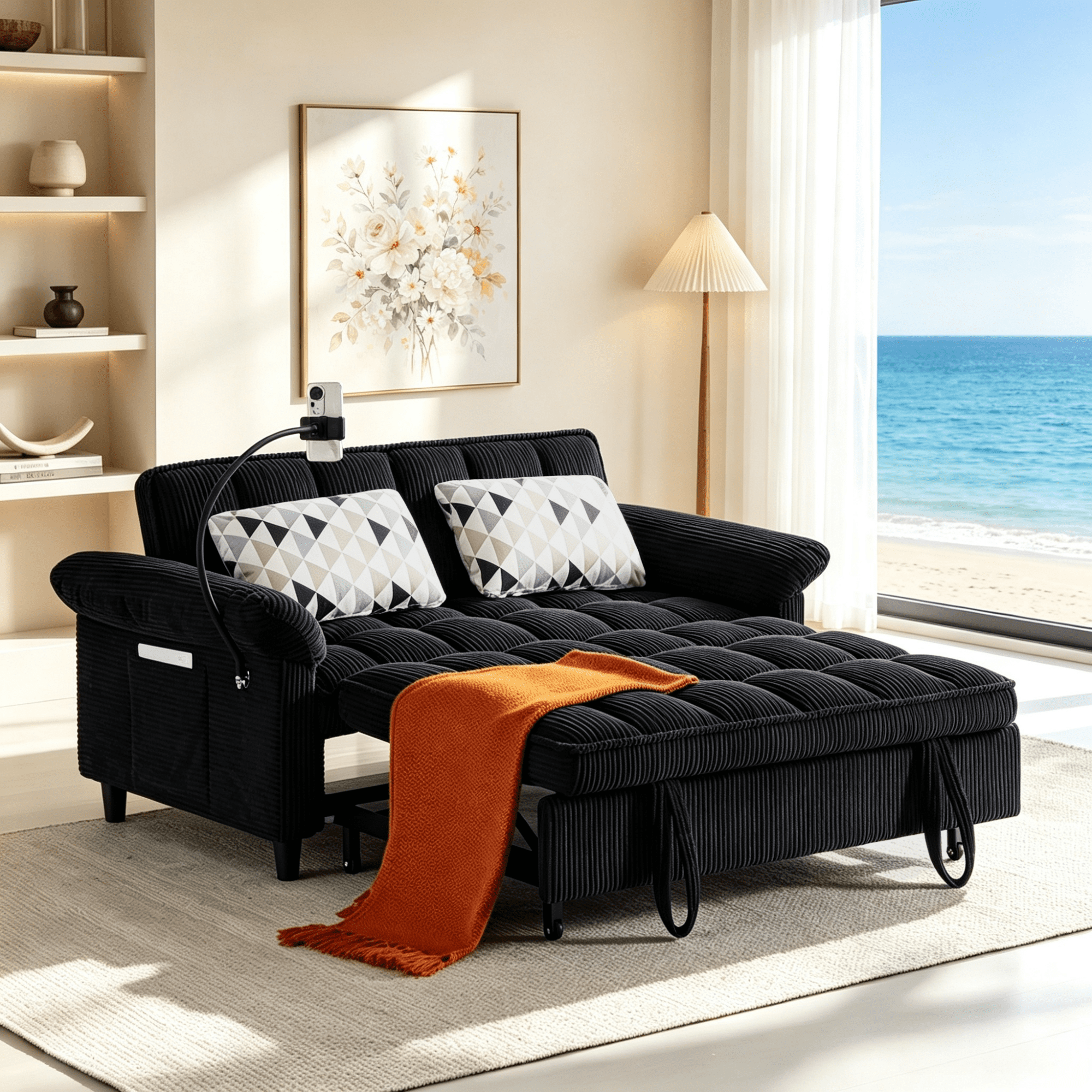 Gewnee 58" 3‑in‑1 Corduroy Convertible Sleeper Sofa Bed, Pull‑Out Loveseat with 3 Adjustable Reclining Positions & Side Storage Pocket, Multi‑Purpose Guest Sofa for Living Room, Guest Room, Black