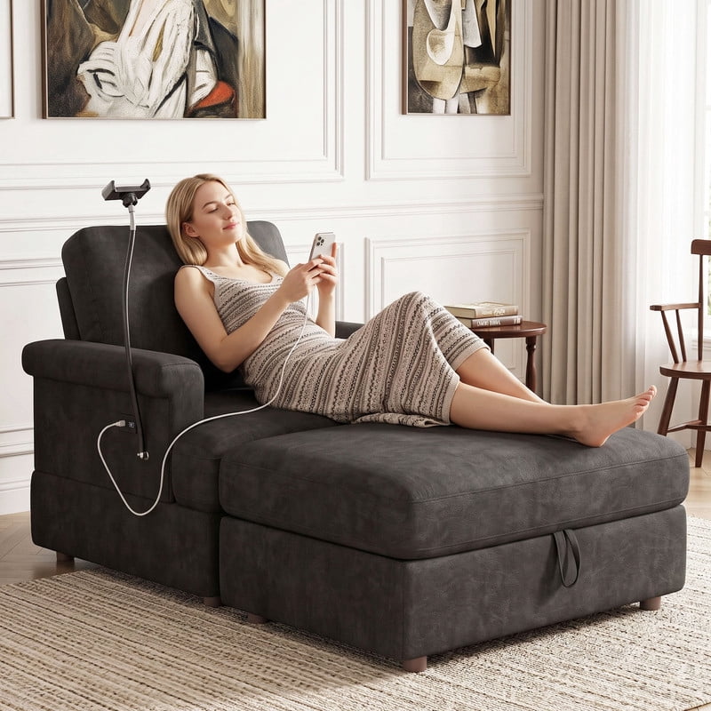 Gewnee 59" Chaise Lounge Chair Indoor, Oversized Chair with Ottoman, USB Ports&Phone Holder, Adjustable Indoor Lounge Chair for Living Room, Black