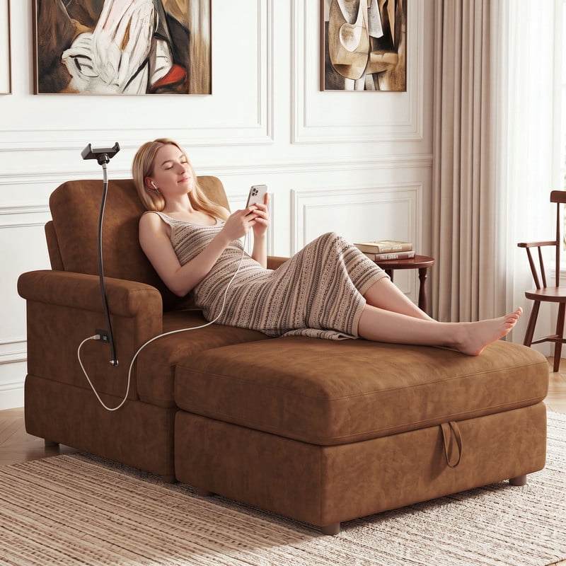 Gewnee 59" Oversized Chaise Lounge Chair Indoor with Ottoman, USB Ports&Phone Holder, Adjustable Indoor Lounge Chair for Living Room, Brown