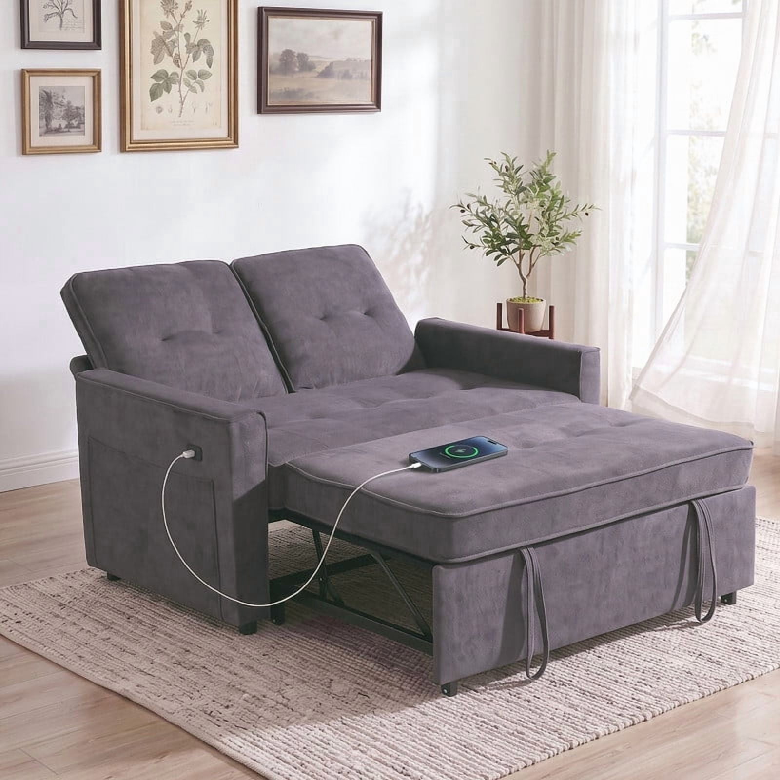Gewnee 53" Sofa Bed, 3 in 1 Convertible Loveseat Sleeper Sofa, Pull Out Couch with USB Port, Futon Sofa Bed with Storage Pockets for Small Spaces, Teddy Fabric,Light Gray