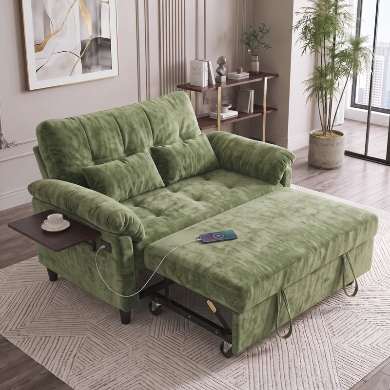 Gewnee 58" Convertible Sofa Bed, Loveseat Sleeper Sofa with USB Ports, Side Table& 6-in-1 Adjustable Backrest, Pull Out Sofa with Pillows for Small Spaces,Chenille(Green)