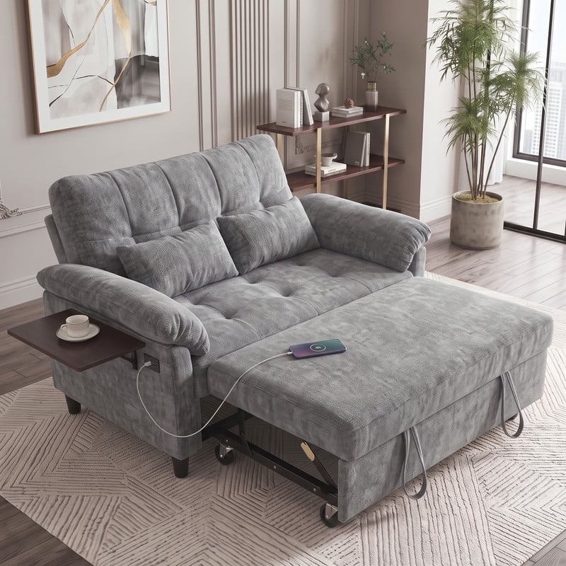 Gewnee 58" Convertible Sofa Bed, Loveseat Sleeper Sofa with USB Ports, Side Table& 6-in-1 Adjustable Backrest, Pull Out Sofa with Pillows for Small Spaces,Chenille(Gray)
