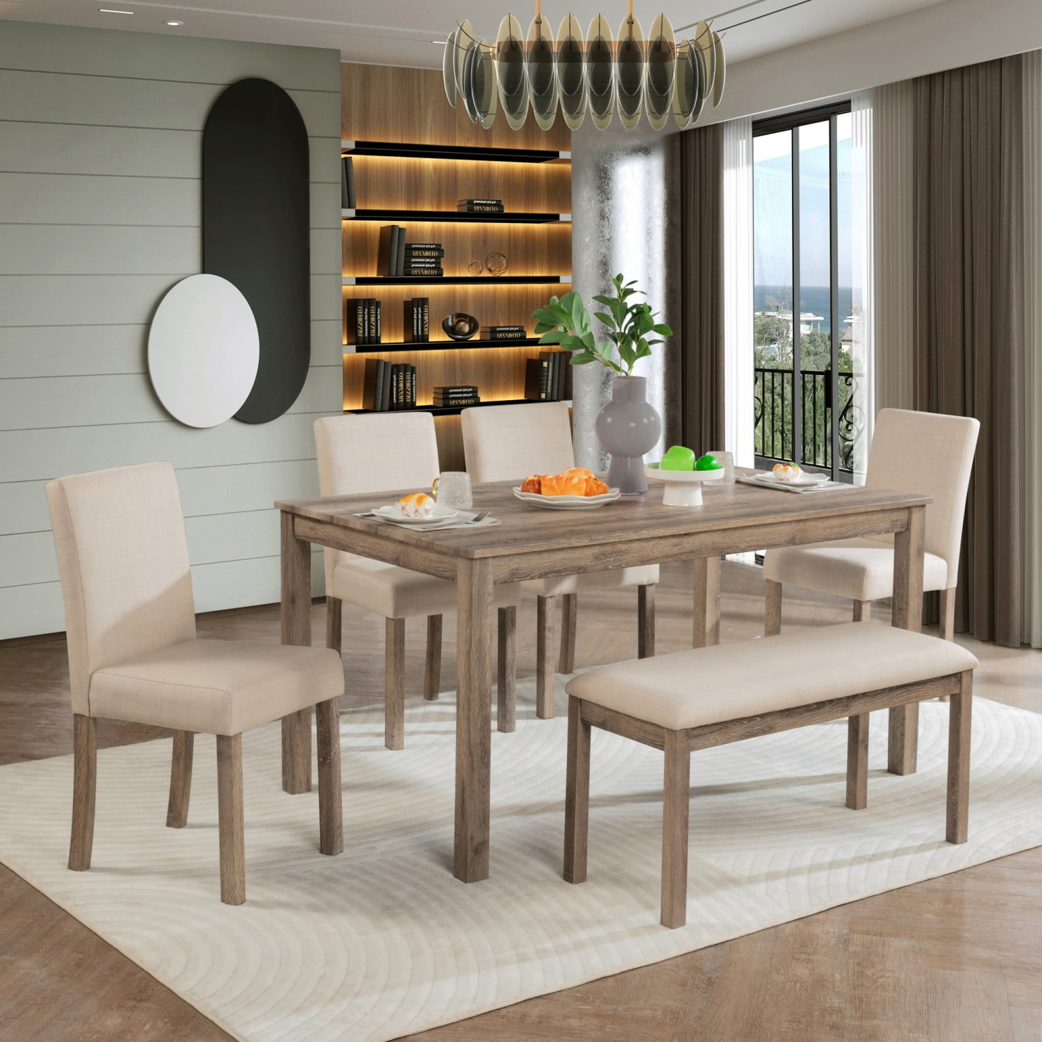 Gewnee 6 Piece Dining Table Set with 4 Upholstered Chairs and Bench, Dining Table Set for 6, Rectangular Wooden Dining Table with Room Set for Kitchen