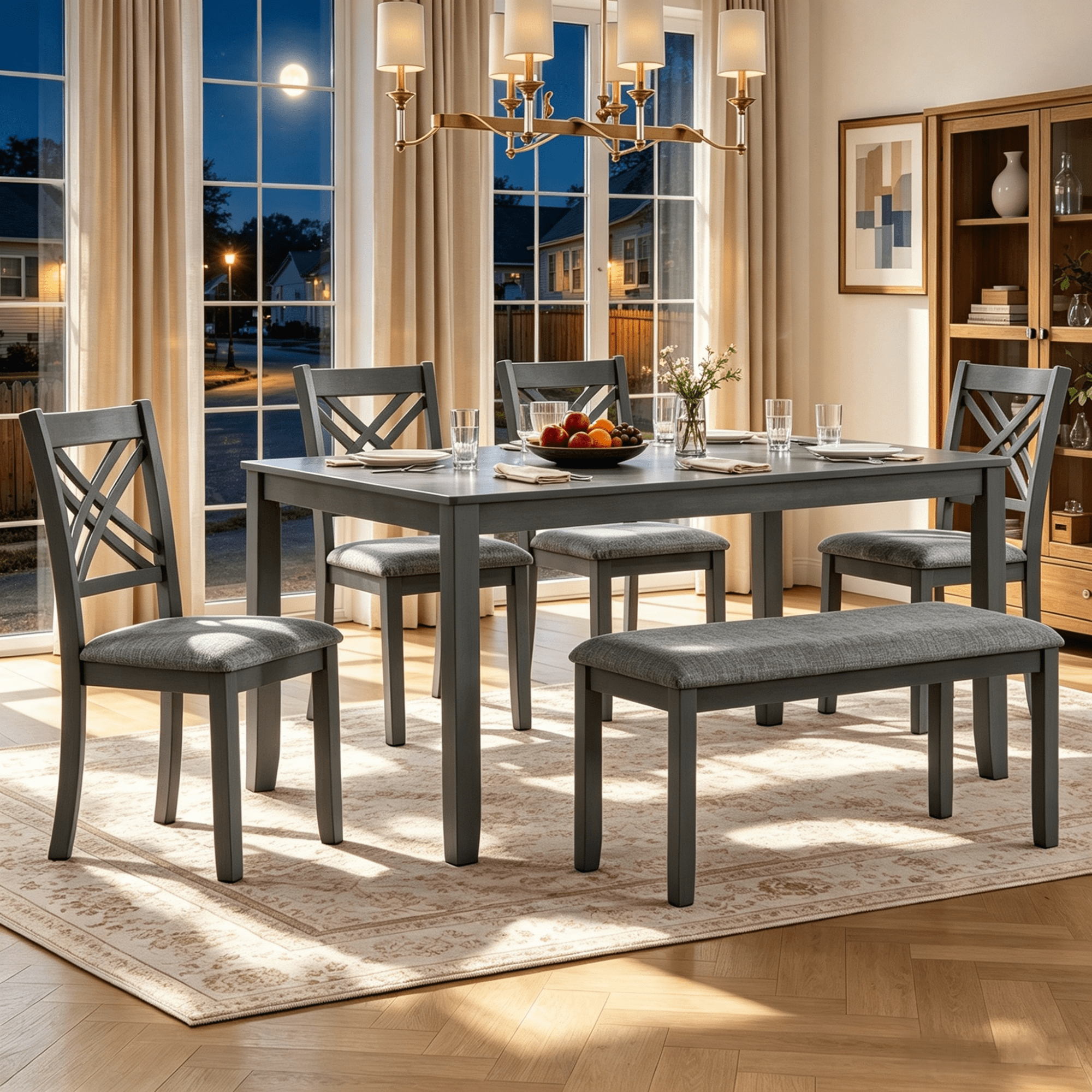 Gewnee 6 Piece Kitchen Dining Table Set,Rectangular Table with 4 Upholstered Chairs and a Bench,Wood Dining Room Table Set for 6 People,Dining Furniture Set.Gray